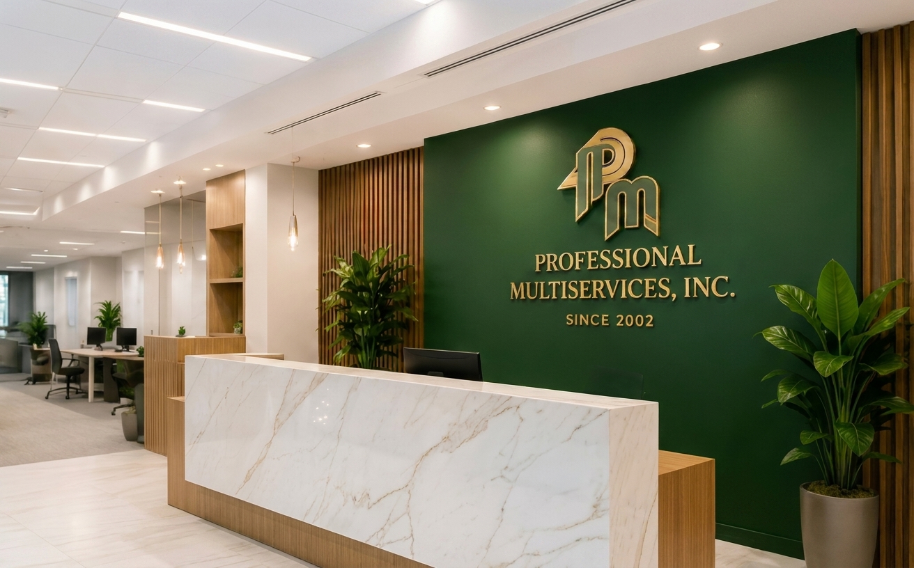 Professional Multiservices office reception with the gold PM logo wall